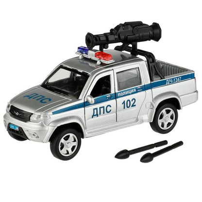 Машина металл UAZ PICKUP ПОЛИЦИЯ С ПУШКОЙ 13 см, двер, багаж, инерц, кор. Технопарк в кор.2*36шт