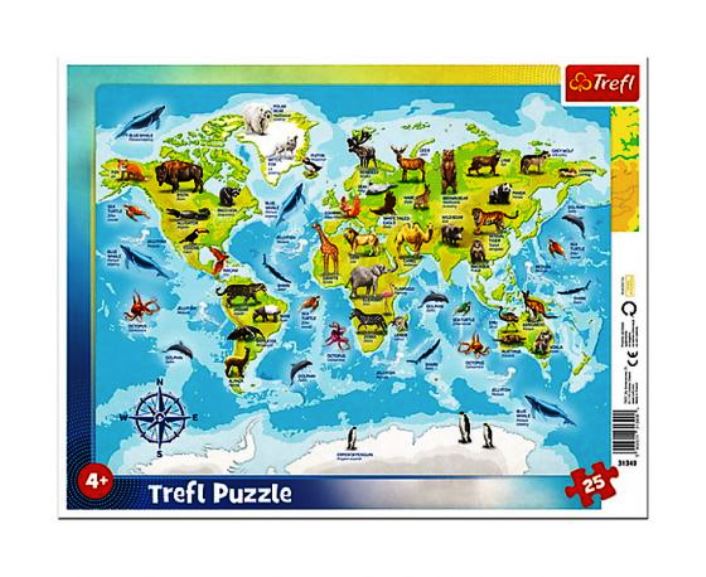 Trefl. Пазл-рамка 25 ART.31340 "Карта мира с животными" (FR)