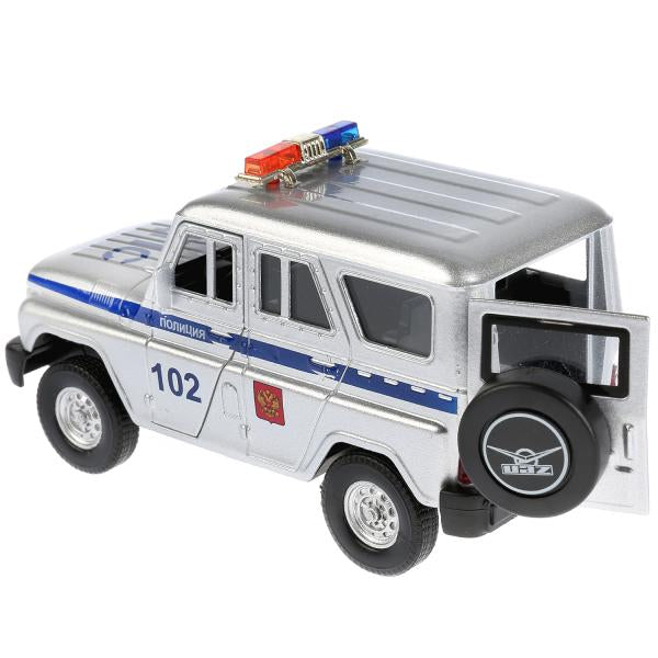 ТМ Технопарк. Machine en métal "UAZ HUNTER ПОЛИЦИЯ" 12 cm, sвет+звук, открыв. двери, инерц. dans le cor.2*36шт