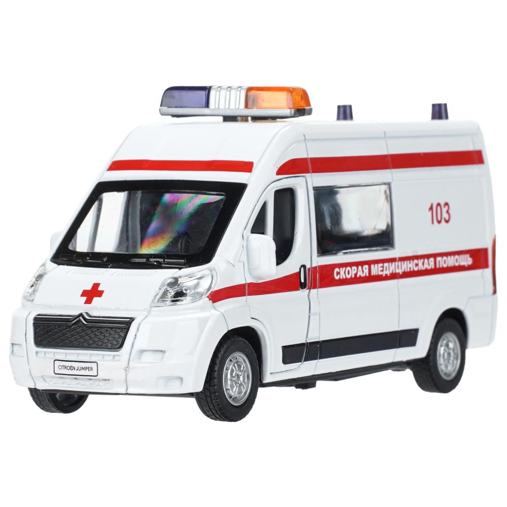 Машина металл свет-звук CITROEN JUMPER СКОРАЯ 14 см, двер, инер, белый, кор. Технопарк в кор.2*36шт