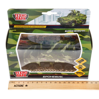 ТМ ТЕХНОПАРК. МЕТАЛЛ БРОНЕВИК 12СМ, ОТКРЫВ.ДВЕРИ, БАГАЖ., ВРАЩ. ПУШКА, ИНЕРЦ. В РУСКОР. dans le cor.2*24шт