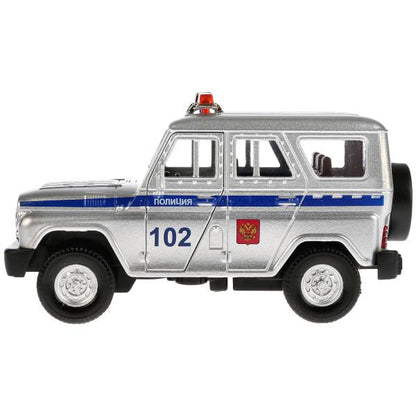 ТМ Технопарк. Machine en métal "UAZ HUNTER ПОЛИЦИЯ" 12 cm, sвет+звук, открыв. двери, инерц. dans le cor.2*36шт