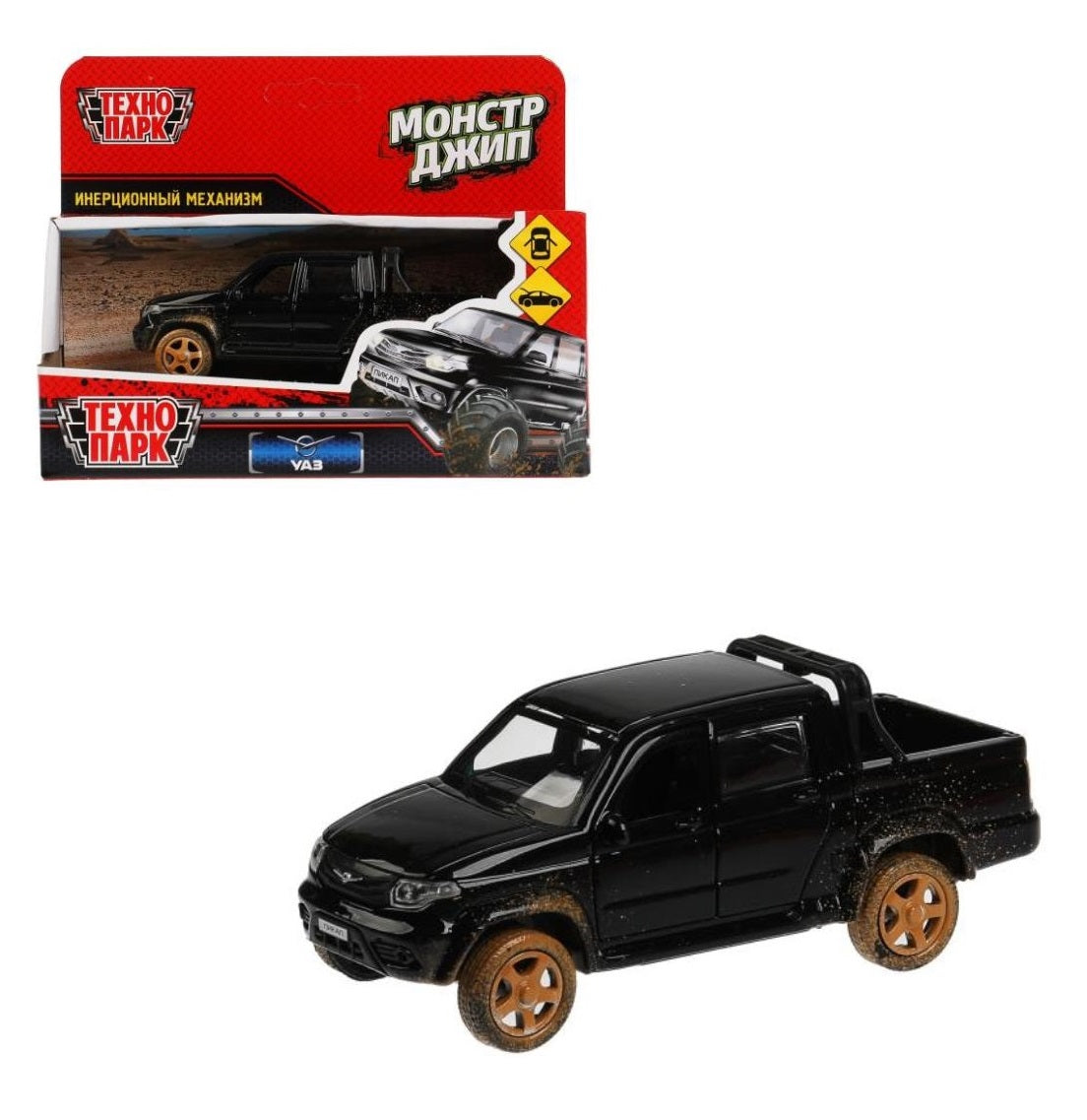 Machine en métal "УАЗ" "uaz pickup грязь" pour 12 cm, откр дв, багаж, инер, черный, в кор. ТМ "Технопарк"