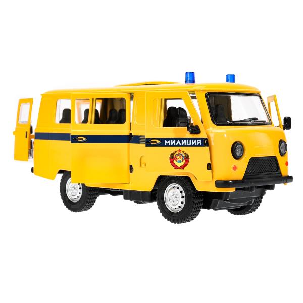 Машина металл свет-звук UAZ УАЗ 452 МИЛИЦИЯ,18,5 см,св-зв,дв,люк,баг,ин,желт Технопарк в кор.2*18шт
