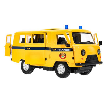 Машина металл свет-звук UAZ УАЗ 452 МИЛИЦИЯ,18,5 см,св-зв,дв,люк,баг,ин,желт Технопарк в кор.2*18шт