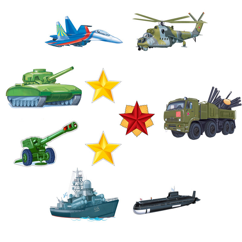 *КМ-16265 Комплект для оформления интерьеров. Военная техника (10 фигурок: 7 видов военной техники и звезды)