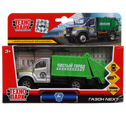 Машина металл ГАЗОН NEXT МУСОРОВОЗ, 15,5 см, двери, подв. дет., инерц., кор. Технопарк в кор.2*24шт