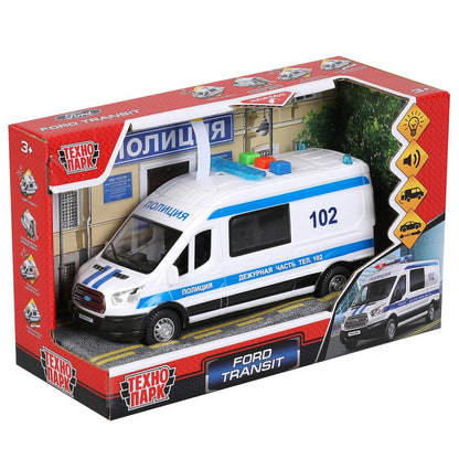 TRANSITVAN-16PLPOL-WH Машина пластик свет-звук FORD TRANSIT ПОЛИЦИЯ 16 см, двери, 3 кнопки, кор. Тех