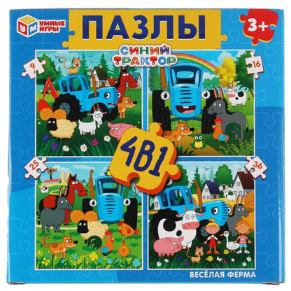 Синий tracteur. Весёлая ферма. Temps de passe 4 en 1 : 9-16-25-36. 175х175х50mm. Умные игры в кор.20шт