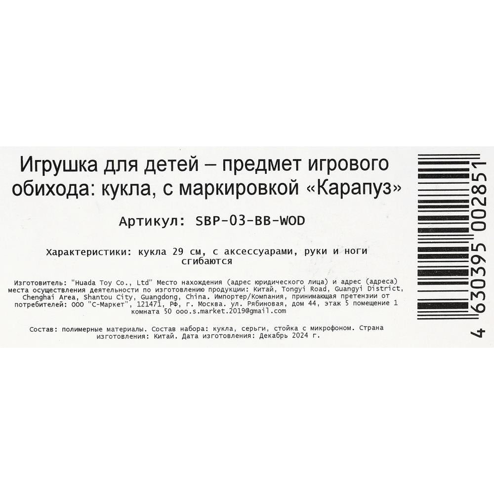 Кукла 29см София, руки и ноги сгиб., акс., кор. КАРАПУЗ в кор.24шт