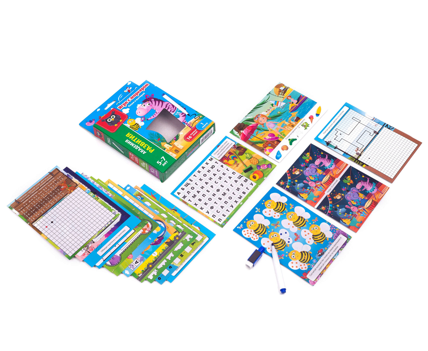 Игра с маркером Пиши и вытирай "Зебра. Продвинутый уровень" 16 карточек,1 маркер