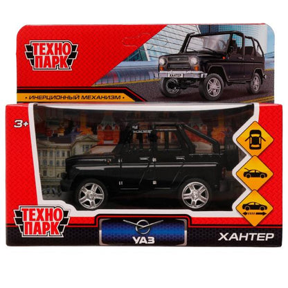 Машина металл UAZ HUNTER длина 11,5 см, двери, багаж, инерц, черный, кор. Технопарк в кор.2*36шт
