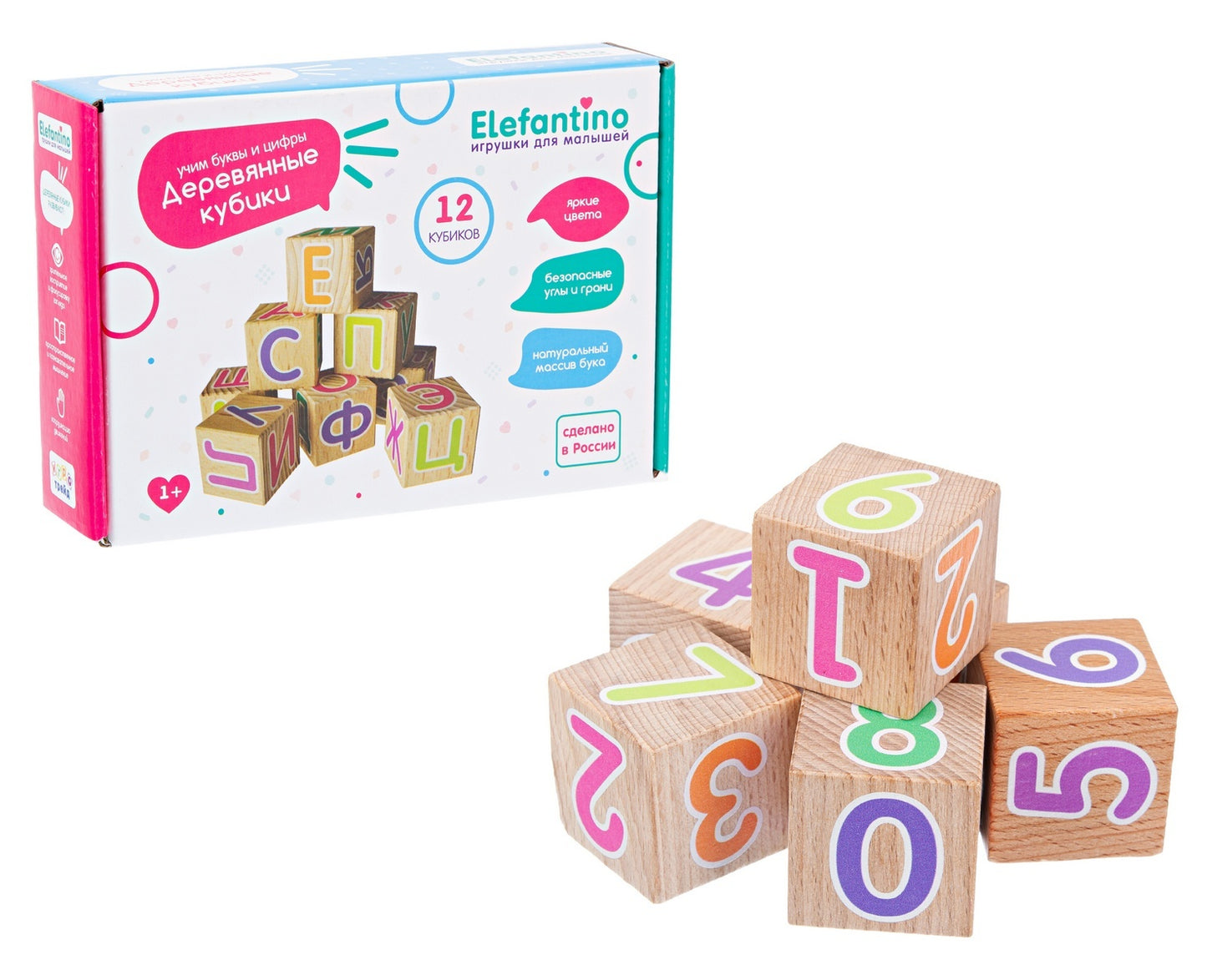 Éléphantino. Деревянные кубики "Цифры" 40 мм 12 шт. массив бука, безопасные арт.IT108112