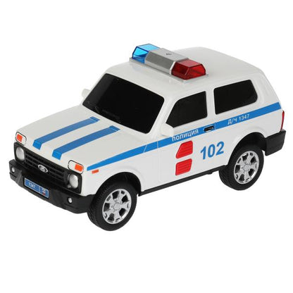 URBANBLACK-20PLPOL-WH Машина пластик свет-звук LADA 4x4 URBAN ПОЛИЦИЯ 19,5 см, 2 кноп, инер, кор. Те