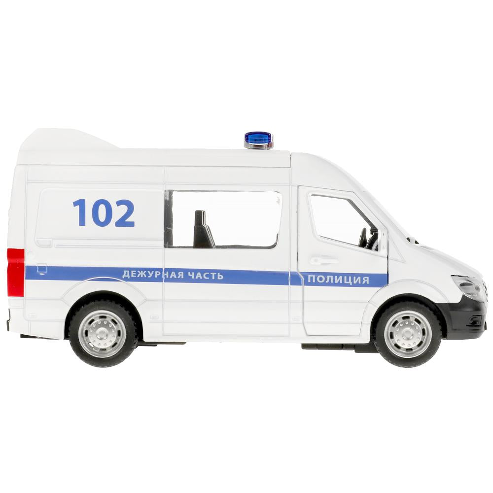 Машина металл свет-звук ПОЛИЦИЯ 14,5 см, двери, багаж, инерц, бел, кор. ТЕХНОПАРК в кор.2*36шт