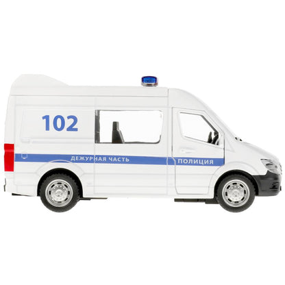 Машина металл свет-звук ПОЛИЦИЯ 14,5 см, двери, багаж, инерц, бел, кор. ТЕХНОПАРК в кор.2*36шт