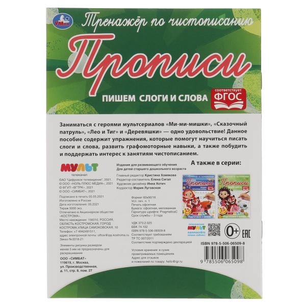Пишем слоги и слова. Тренажёр по чистописанию. Multmics. 145х195 mm. 16 pièces. 2+2 Умка в кор.50шт