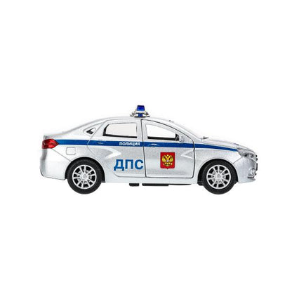 Машина металл свет-звук LADA vesta ПОЛИЦИЯ 11,5 см, двер, багаж, кор. Технопарк в кор.2*36шт