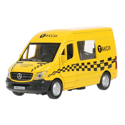 Машина металл MERCEDES-BENZ SPRINTER ТАКСИ 14 см, двери, инерц, желтый, кор. Технопарк в кор.2*32шт