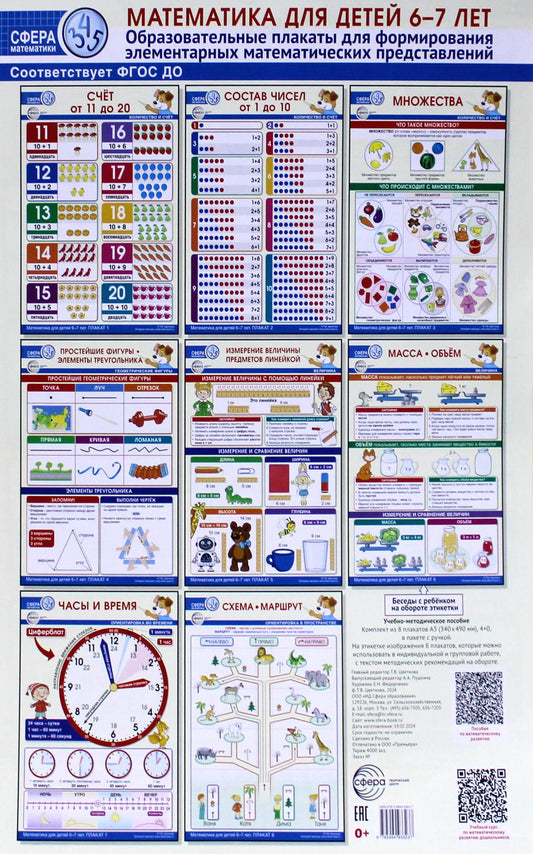 Математика для детей 6-7 лет. Образовательные плакаты для формирования элементарных математических представлений. Комплект из 8 плакатов с мет. рек.