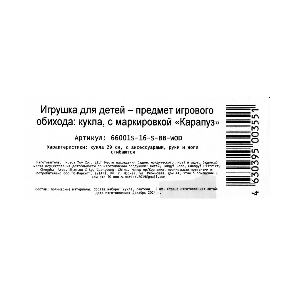 Кукла 29см София, руки и ноги сгиб., акс, кор КАРАПУЗ в кор.24шт