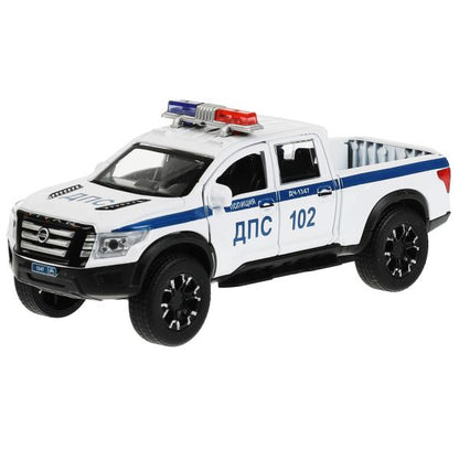 Машина металл NISSAN TITAN ПОЛИЦИЯ 12,5 см, двери, баг, инер, белый, кор. Технопарк в кор.2*36шт