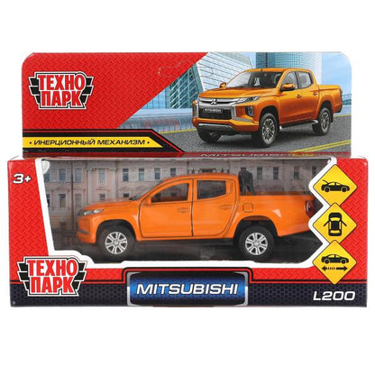 Машина металл "mitsubishi l200 pickup" дл 13 см, откр дв, багаж, инерц, оранжевый, в кор. Технопарк