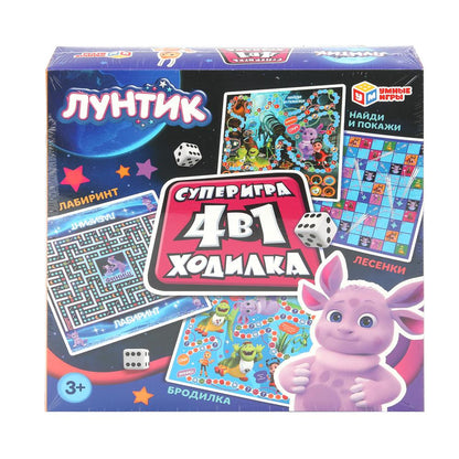 Лунтик. Настольная игра-квадрат 4в1. 250х250х55 мм. Умные игры в кор.10шт