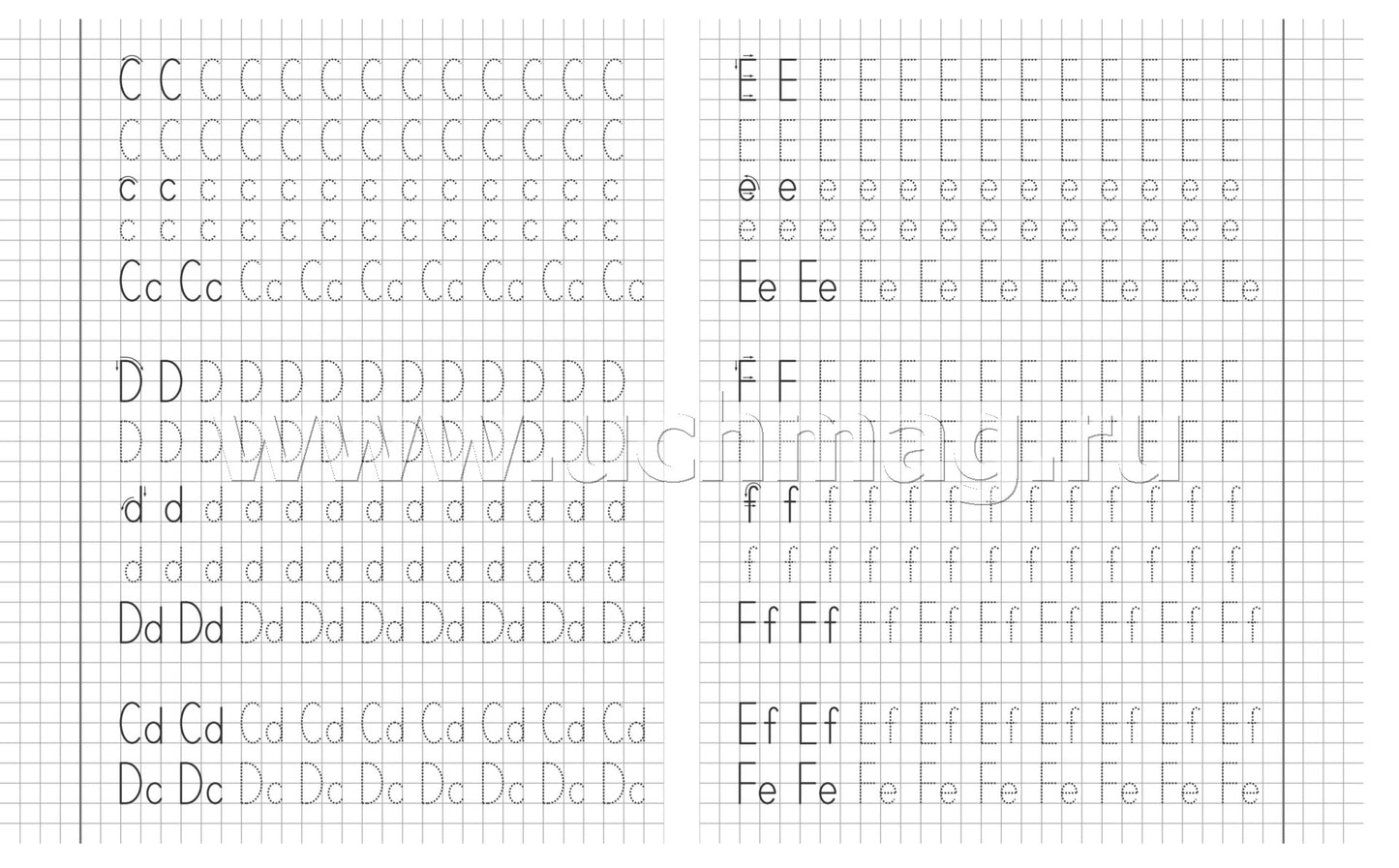 Письмо английских букв по клеткам. 7-8 lettres. Задания по чистописанию и каллиграфии. 16 pièces.