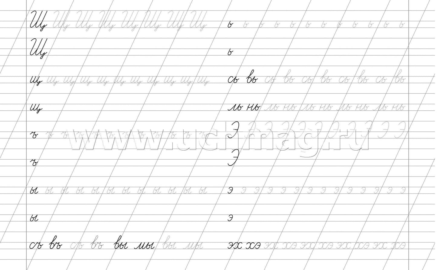 Письмо букв по линейкам. 7-8 lettres. Задания по чистописанию и каллиграфии (1-2 classes). 16 pièces.