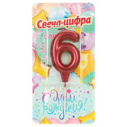 Свечи для торта цифра 6 красная металлик, блистер, с днем рождения ЧУДО ПРАЗДНИК в кор.8*16шт