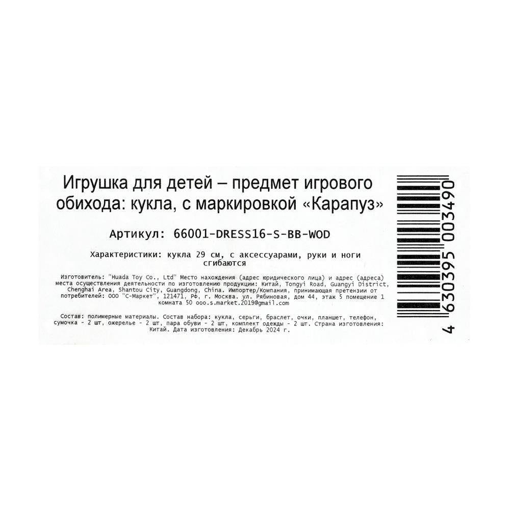 Кукла 29см София, руки и ноги сгиб, 2 комплекта одежды, акс, кор КАРАПУЗ в кор.24шт