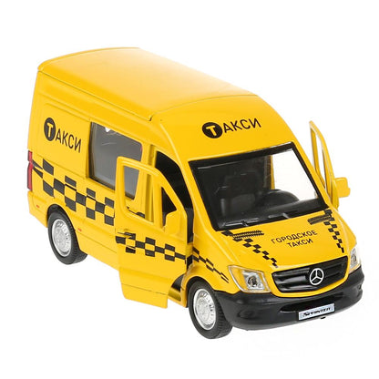 Машина металл MERCEDES-BENZ SPRINTER ТАКСИ 14 см, двери, инерц, желтый, кор. Технопарк в кор.2*32шт