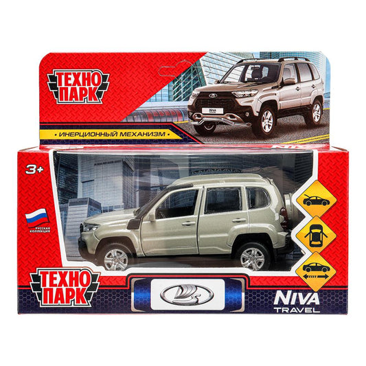 Машина металл LADA NIVA travel 12 см, двери, инер,серый, кор. Технопарк в кор.2*36шт