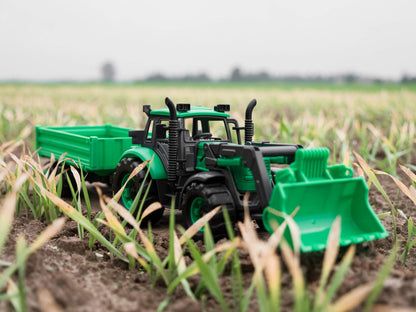 Tracteur "Прогресс" avec бортовым прицепом и ковшом, инерционный (зелёный) (в коробке)
