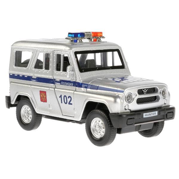ТМ Технопарк. Machine en métal "UAZ HUNTER ПОЛИЦИЯ" 12 cm, sвет+звук, открыв. двери, инерц. dans le cor.2*36шт