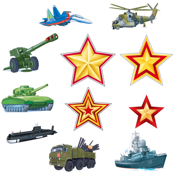 *КМ-16849 Комплект для оформления интерьера. Патриотический (7 видов военной техники и 4 звезды)