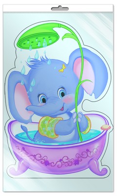 *ФМ-9562 ПЛАКАТ ВЫРУБНОЙ А4 В ПАКЕТЕ. Слоник под душем (с блестками в индивидивидуальной упаковке с европодвесом и клеевым клапаном)