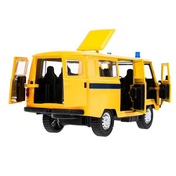 Машина металл свет-звук UAZ УАЗ 452 МИЛИЦИЯ,18,5 см,св-зв,дв,люк,баг,ин,желт Технопарк в кор.2*18шт