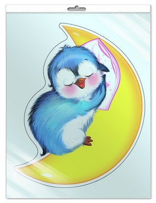 *ФМ-9515 ПЛАКАТ ВЫРУБНОЙ А4 В ПАКЕТЕ. Пингвиненок на месяце (с блестками в индивидивидуальной упаковке с европодвесом и клеевым клапаном)