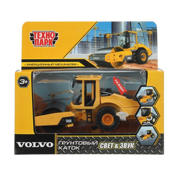 Модель металл свет-звук VOLVO ГРУНТОВЫЙ КАТОК 14 см, двер, подв дет, кор. Технопарк в кор.2*36шт