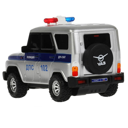 Машина р/у UAZ HUNTER ПОЛИЦИЯ 18 см, свет, серебр, кор. Технопарк в кор.2*24шт