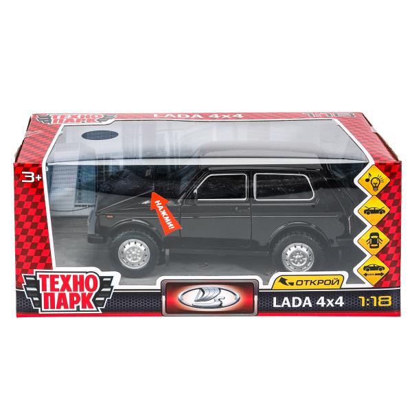 Машина металл свет-звук LADA lada 4x4, 18,5 см, дв, кап, баг,инер,черн Технопарк в кор.2*18шт