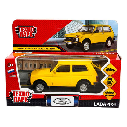 Machine en métal LADA 4x4 12 cm, double, bagage, inerce, jaune, cor. Parc technologique dans le cor.2*36шт