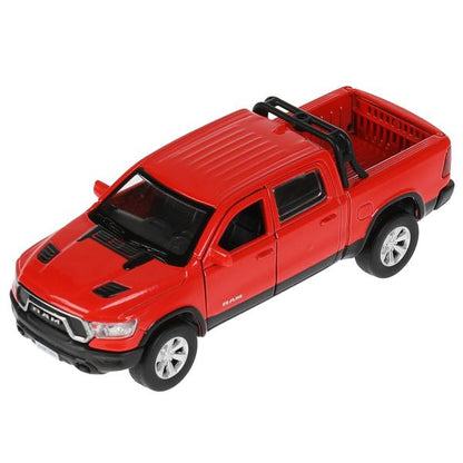 Machine en métal DODGE RAM 1500 REBEL 13 cm, double, bagage, argent, rouge, cor. Parc technologique dans le cor.2*36шт