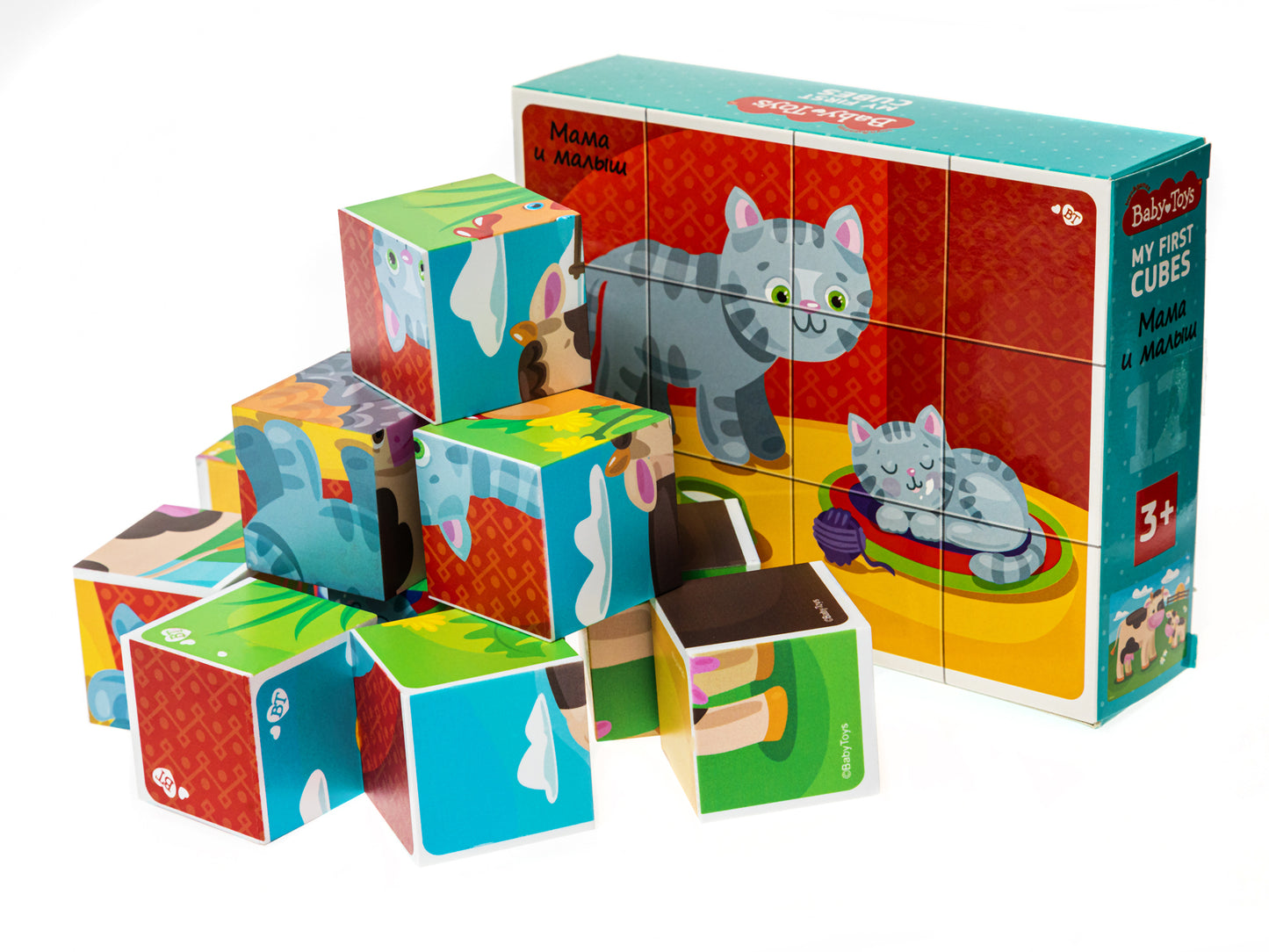 НАБОР ИЗ 12-И КУБИКОВ "МАМА И МАЛЫШ" (БЕЗ ОБКЛЕЙКИ) BABY TOYS в кор.20наб