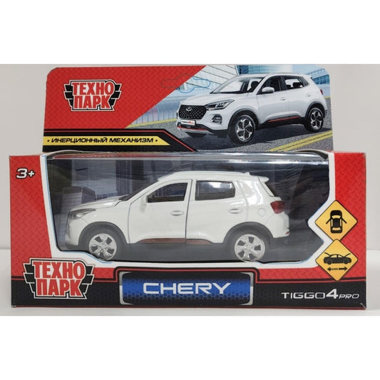 Машина металл chery tiggo 4 pro 12 см, двери, кап, баг, инер, белый, кор. Технопарк в кор.2*36шт