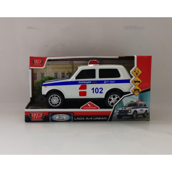 Машина пластик свет-звук LADA 4x4 URBAN ПОЛИЦИЯ 19,5 см, 2 кноп, инер, кор. Технопарк в кор.36шт