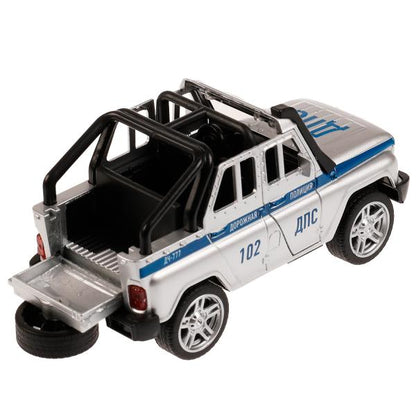 Машина металл UAZ HUNTER ПОЛИЦИЯ 11,5 см, двери, багаж, серебристый, кор. Технопарк в кор.2*36шт