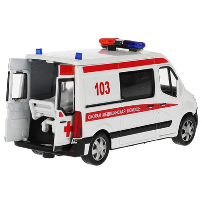 Машина металл свет-звук RENAULT master СКОРАЯ 14см, двер, тел, ин., бел,кор. Parc technologique dans le cor.2*32шт